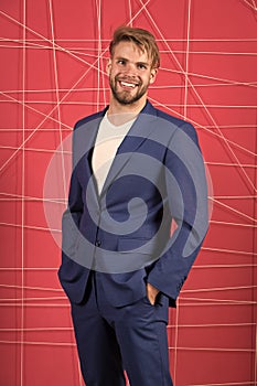 Guy unshaved office manager. Manager dress code. Man well groomed manager wear elegant formal suit pink background