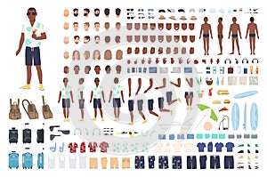 Guy on vacation animation or DIY kit. Collection of male tourist body elements, gestures, clothes, touristic equipment