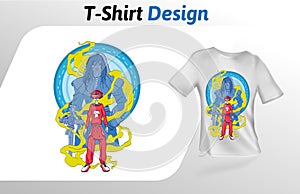 Guy with VR headset playing a fantsy hero, t-shirt print. Mock up t-shirt design template. Vector template, isolated on photo