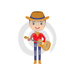 Guy wearing cowboy clothes playing guitar isolated on white background