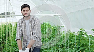 Guy worker in a greenhouse smiling directly at the