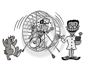 IT guy working on automation of a hamster wheel job in black and white