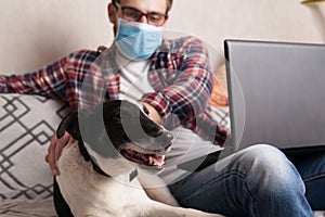 The guy works at home on freelance with his pet. The guy interacts with a dog on the couch with a medical mask