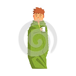 Guy Wrapped In Blanket With Hot Drink Having Cold,Adult Person Feeling Unwell, Sick, Suffering From Illness