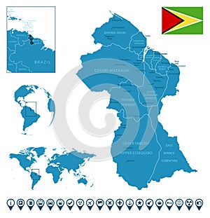 Guyana - detailed blue country map with cities, regions, location on world map and globe. Infographic icons