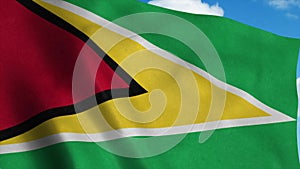 Guyana flag waving in the wind, blue sky background. 3d rendering