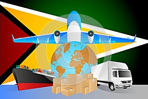 Guyana logistics concept illustration. National flag of Guyana from the back of globe, airplane, truck and cargo container ship