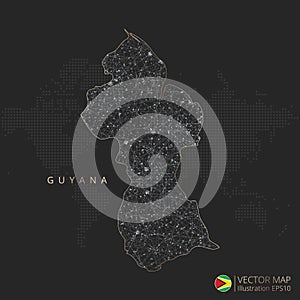 Guyana map abstract geometric mesh polygonal light concept with black and white glowing contour lines countries and dots