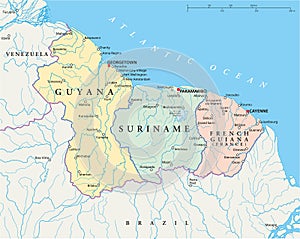 Guyana, Suriname and French Guiana Political Map