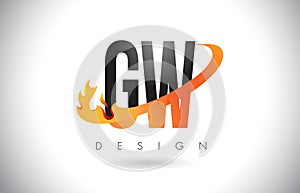 GW G W Letter Logo with Fire Flames Design and Orange Swoosh.