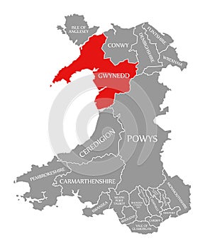 Gwynedd red highlighted in map of Wales