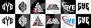 GYE letter logo design in six style. GYE polygon, circle, triangle, hexagon, flat and simple style with black and white color