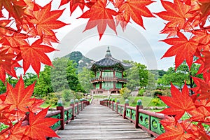 Gyeongbokgung Palace with Colorful autumn leaves in Seoul korea.