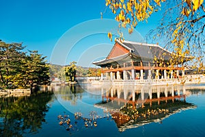 Gyeongbokgung Palace Gyeonghoeru with pond at autumn in Seoul, Korea