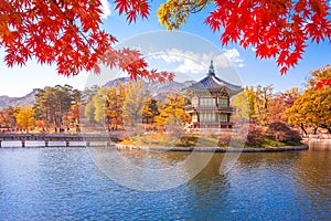 Gyeongbokgung palace with Maple leaves, Seoul, South Korea photo