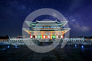 Gyeongbokgung Palace and Milky Way at night in Korea.