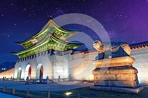 Gyeongbokgung palace and Milky Way in Seoul Korea.
