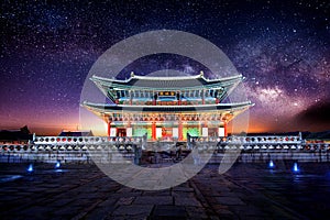 Gyeongbokgung palace and Milky Way in Seoul Korea.