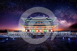 Gyeongbokgung palace and Milky Way in Seoul Korea. photo