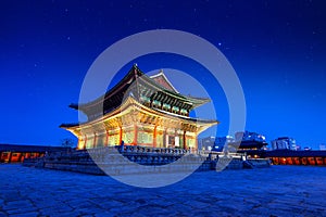 Gyeongbokgung Palace at night in Korea.