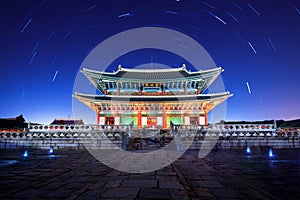 Gyeongbokgung Palace with Star trails at night in Korea.