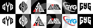 GYG letter logo design in six style. GYG polygon, circle, triangle, hexagon, flat and simple style with black and white color
