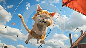 A gylooking cat holding onto its kite string with determination while being pulled into the air by its enthusiastic kite