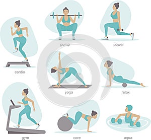 Gym activities set woman doing workout