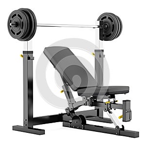 Gym adjustable weight bench with barbell isolated on white