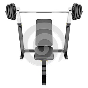 Gym adjustable weight bench with barbell isolated on white