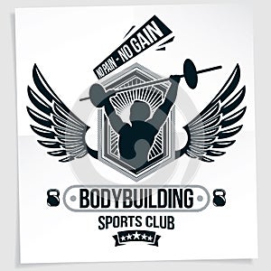 Gym advertising leaflet created with vector illustration of muscular bodybuilder holding barbell sport equipment. No pain, no