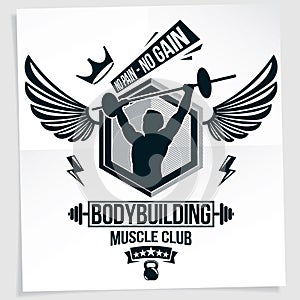 Gym advertising leaflet created with vector illustration of muscular bodybuilder holding barbell sport equipment. No pain, no