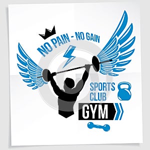 Gym advertising leaflet created with vector illustration of muscular bodybuilder holding barbell sport equipment. No pain, no gain