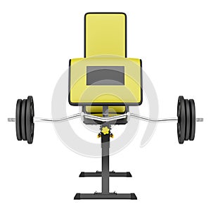 Gym arm curl bench with barbell isolated on white