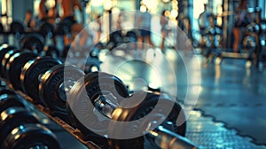 Gym Atmosphere: Close-up of Dumbbells in a Bustling Gym Setting