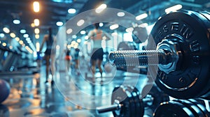 Gym Atmosphere: Close-up of Dumbbells in a Bustling Gym Setting