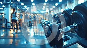 Gym Atmosphere: Close-up of Dumbbells in a Bustling Gym Setting