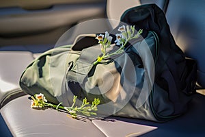 gym bag with snapdragons on seat