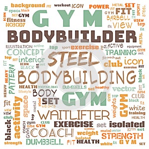 gym, body building, weight lifting, sports word cloud, this word cloud use as banner, painting, motivation, web-page, website