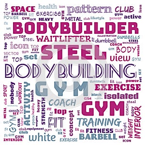 gym, body building, weight lifting, sports word cloud, this word cloud use as banner, painting, motivation, web-page, website