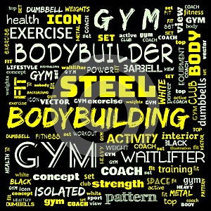 gym, body building, weight lifting, sports word cloud, this word cloud use as banner, painting, motivation, web-page, website