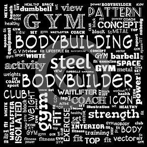 gym, body building, weight lifting, sports word cloud, this word cloud use as banner, painting, motivation, web-page, website