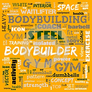 gym, body building, weight lifting, sports word cloud, this word cloud use as banner, painting, motivation, web-page, website