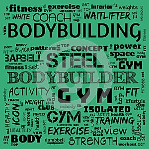 gym, body building, weight lifting, sports word cloud, this word cloud use as banner, painting, motivation, web-page, website