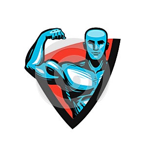 Gym, bodybuilding, fitness logo or label. Muscle male or bodybuilder. Vector illustration