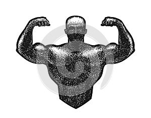 Gym, bodybuilding logo or label. Strong man with big muscles. Vector illustration