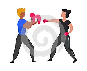 Gym boxing training. Young people learning to fight. Fighter practices hits with gloves. Coach teaching girl to beat