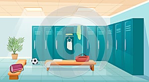 Gym changing room with lockers, school sports locker room. Cartoon empty university sports club wardrobe interior vector