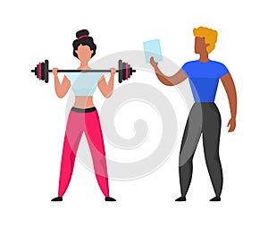 Gym coach. Cartoon fitness trainer helps girl workout. Instructor teaches woman doing sport exercise correctly. Female