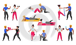 Gym coach. Personal workout fitness trainer, cartoon characters doing sport exercises and cardio and weightlifting